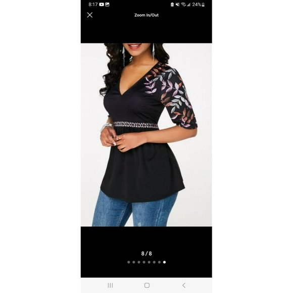 Black V Neck Blouse with Leaves Pattern and Half Sleeve Size Large - Picture 8 of 8